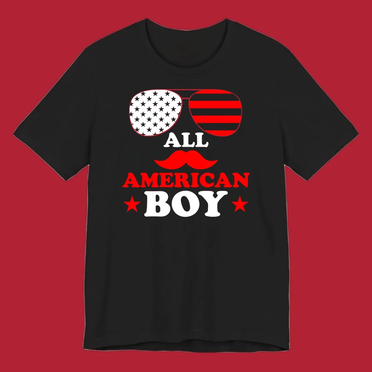 All American Boy patriotic design with aviator sunglasses featuring stars and stripes, a red mustache, and bold text.
