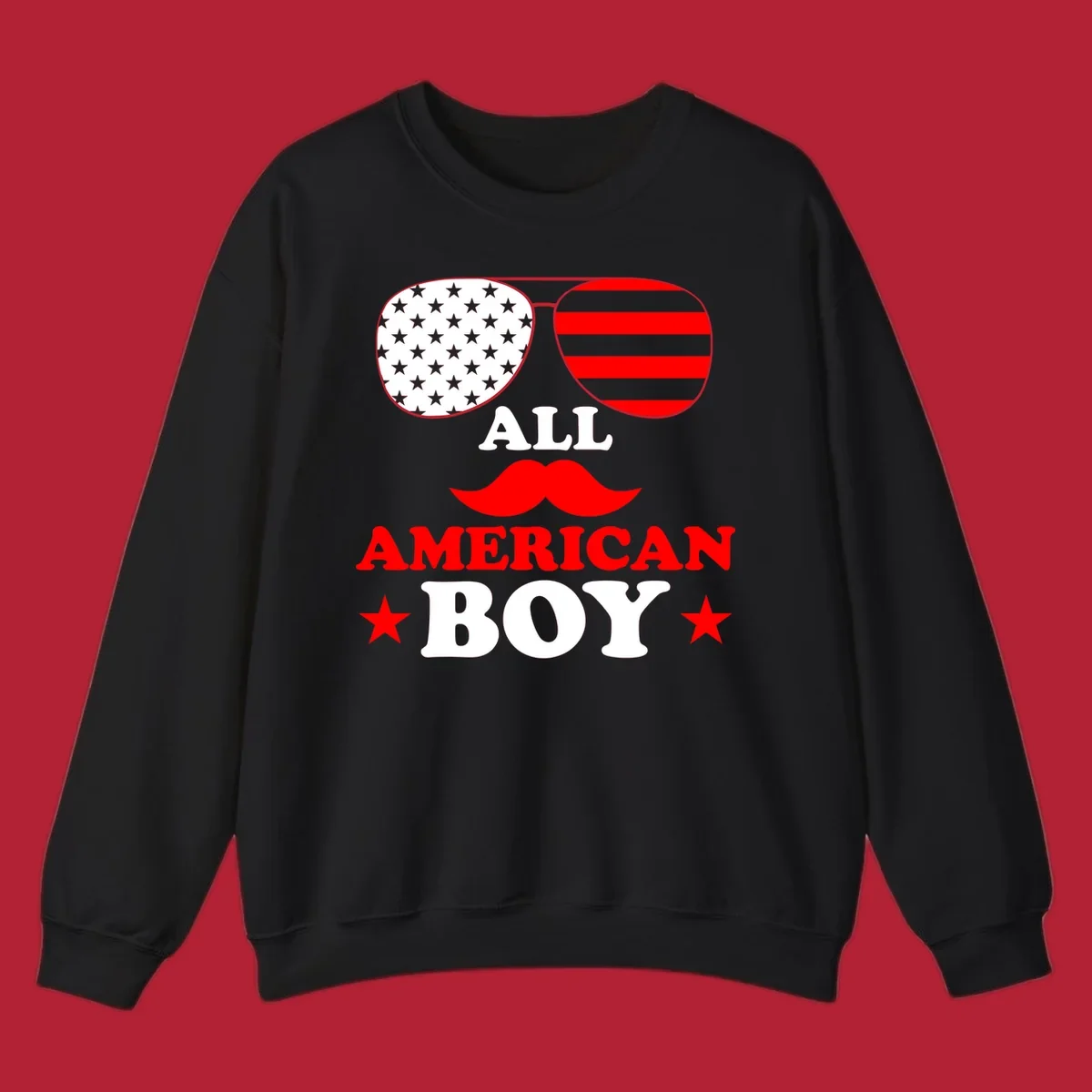 All American Boy patriotic design with aviator sunglasses featuring stars and stripes, a red mustache, and bold text.