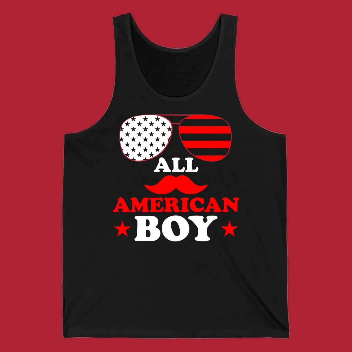 All American Boy patriotic design with aviator sunglasses featuring stars and stripes, a red mustache, and bold text.