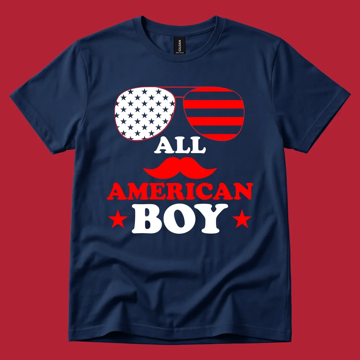 All American Boy patriotic design with aviator sunglasses featuring stars and stripes, a red mustache, and bold text.