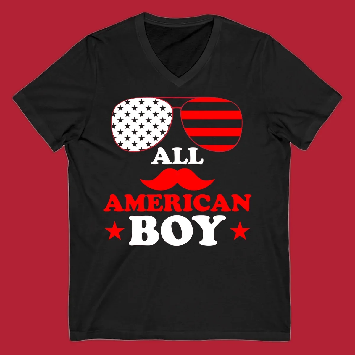 All American Boy patriotic design with aviator sunglasses featuring stars and stripes, a red mustache, and bold text.