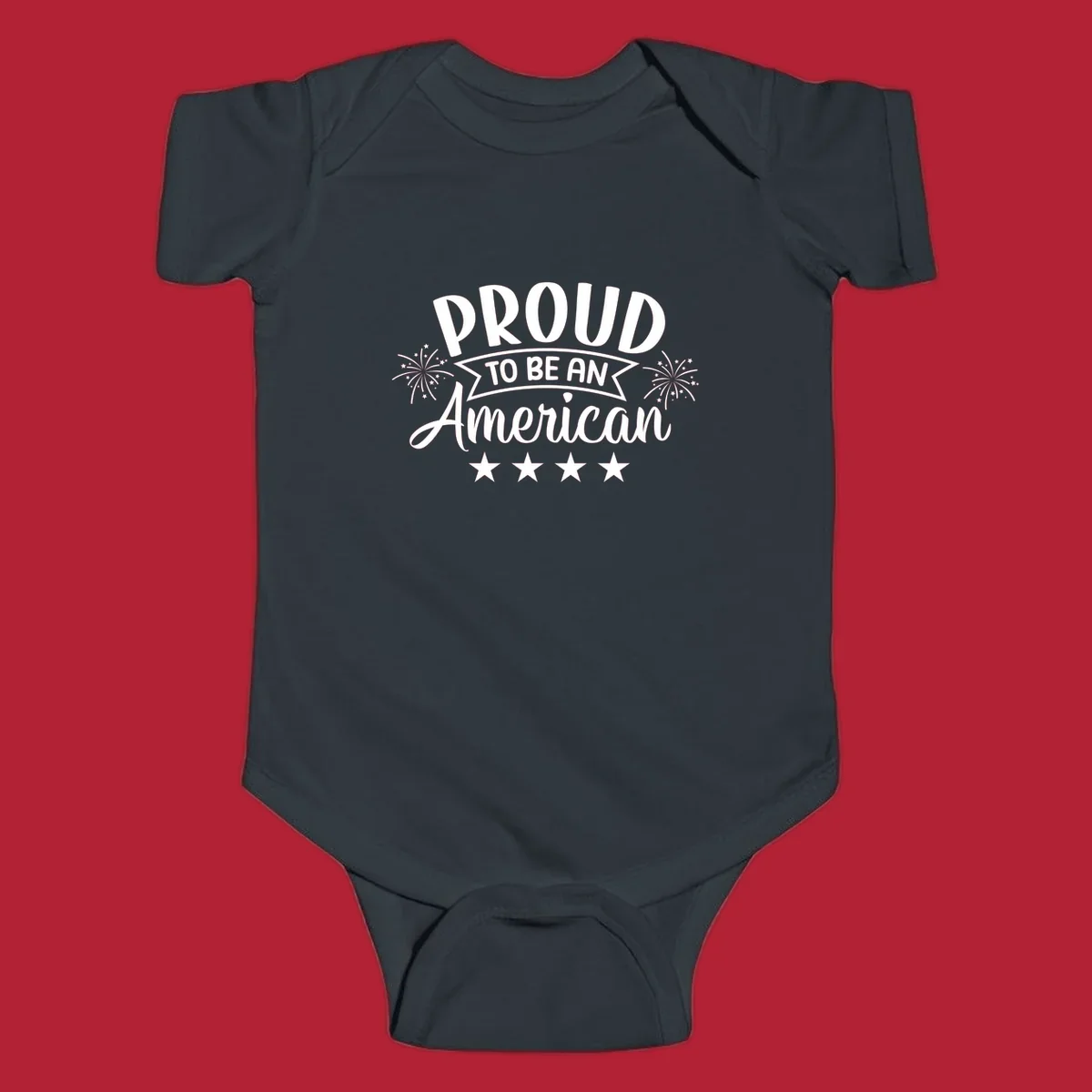 A white graphic reads 'PROUD TO BE AN American' with fireworks and stars, embodying the proud-to-be-american theme.