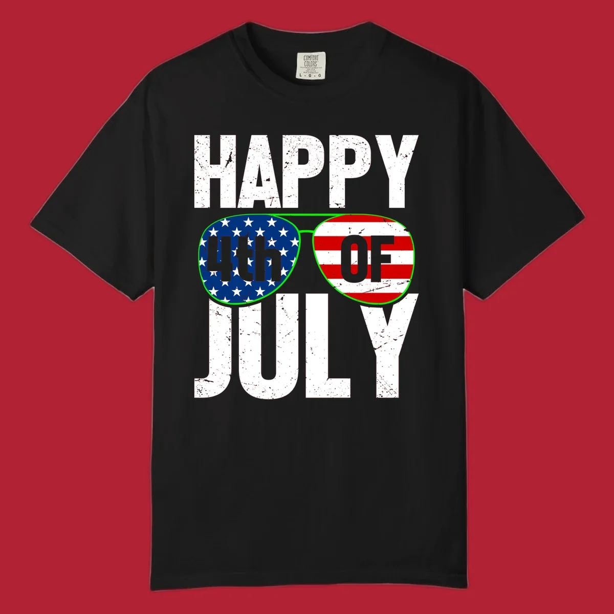 Happy Fourth of July sunglasses flag design with distressed white text and flag patterns in the lenses.