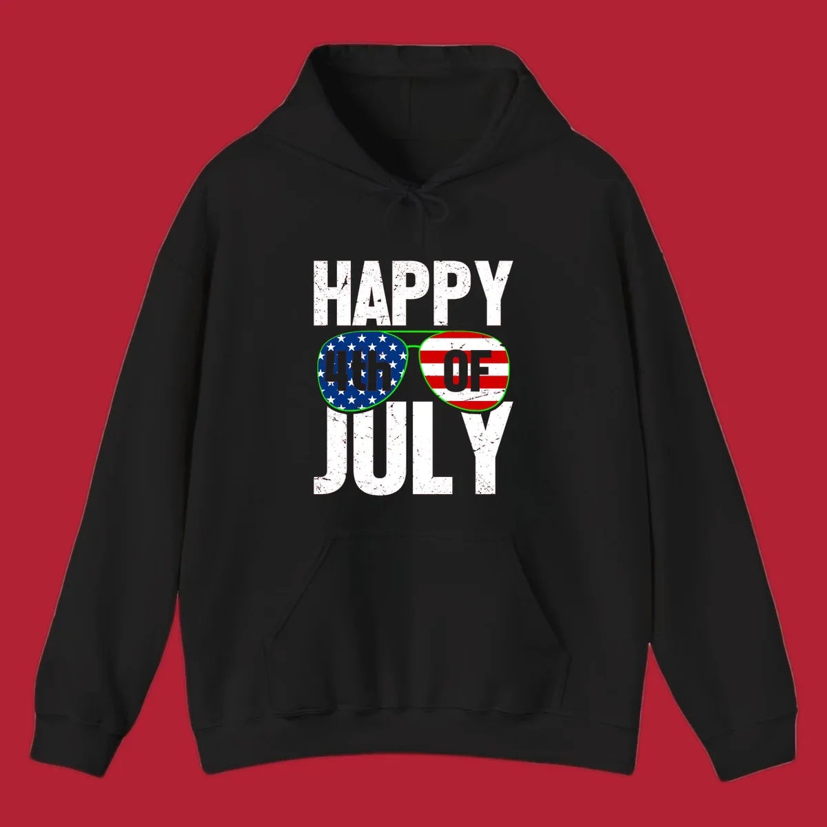 Happy Fourth of July sunglasses flag design with distressed white text and flag patterns in the lenses.