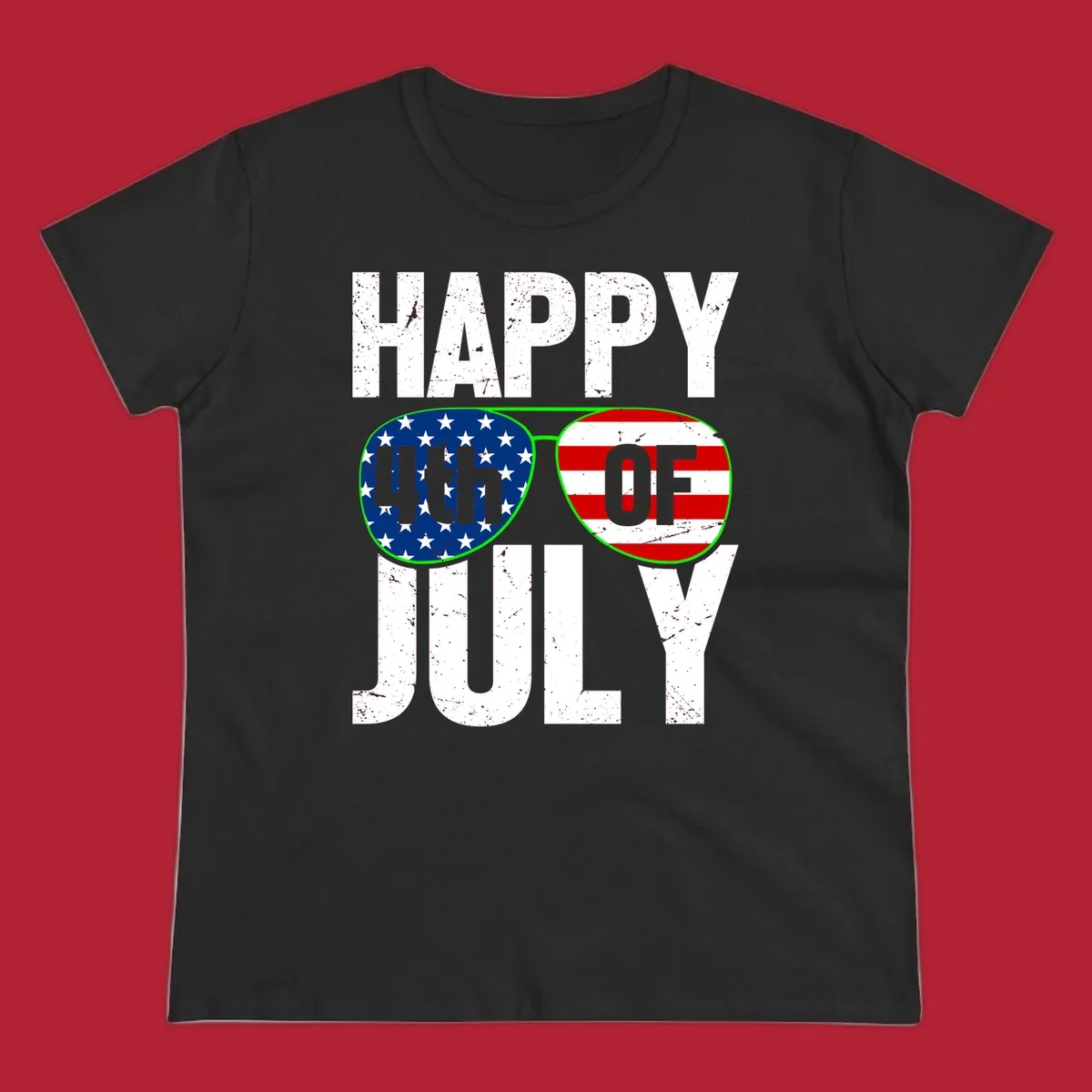 Happy Fourth of July sunglasses flag design with distressed white text and flag patterns in the lenses.