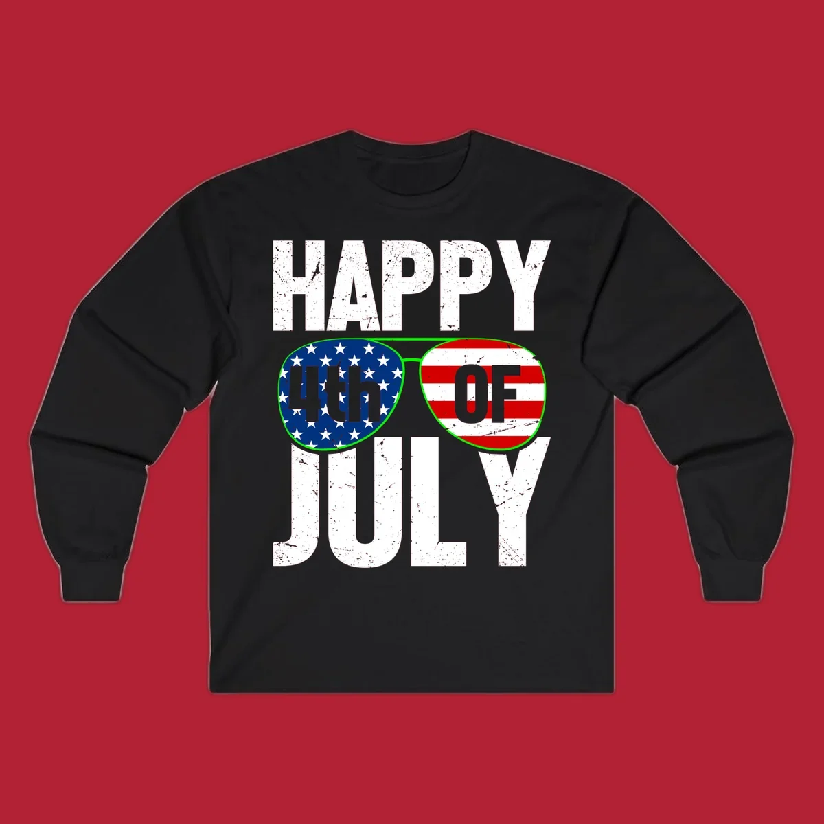 Happy Fourth of July sunglasses flag design with distressed white text and flag patterns in the lenses.