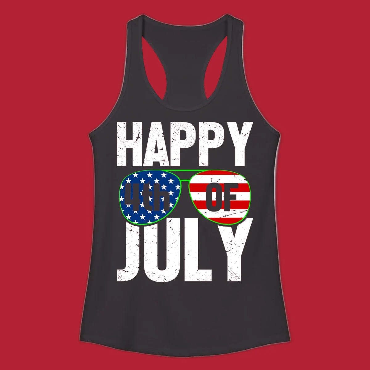 Happy Fourth of July sunglasses flag design with distressed white text and flag patterns in the lenses.