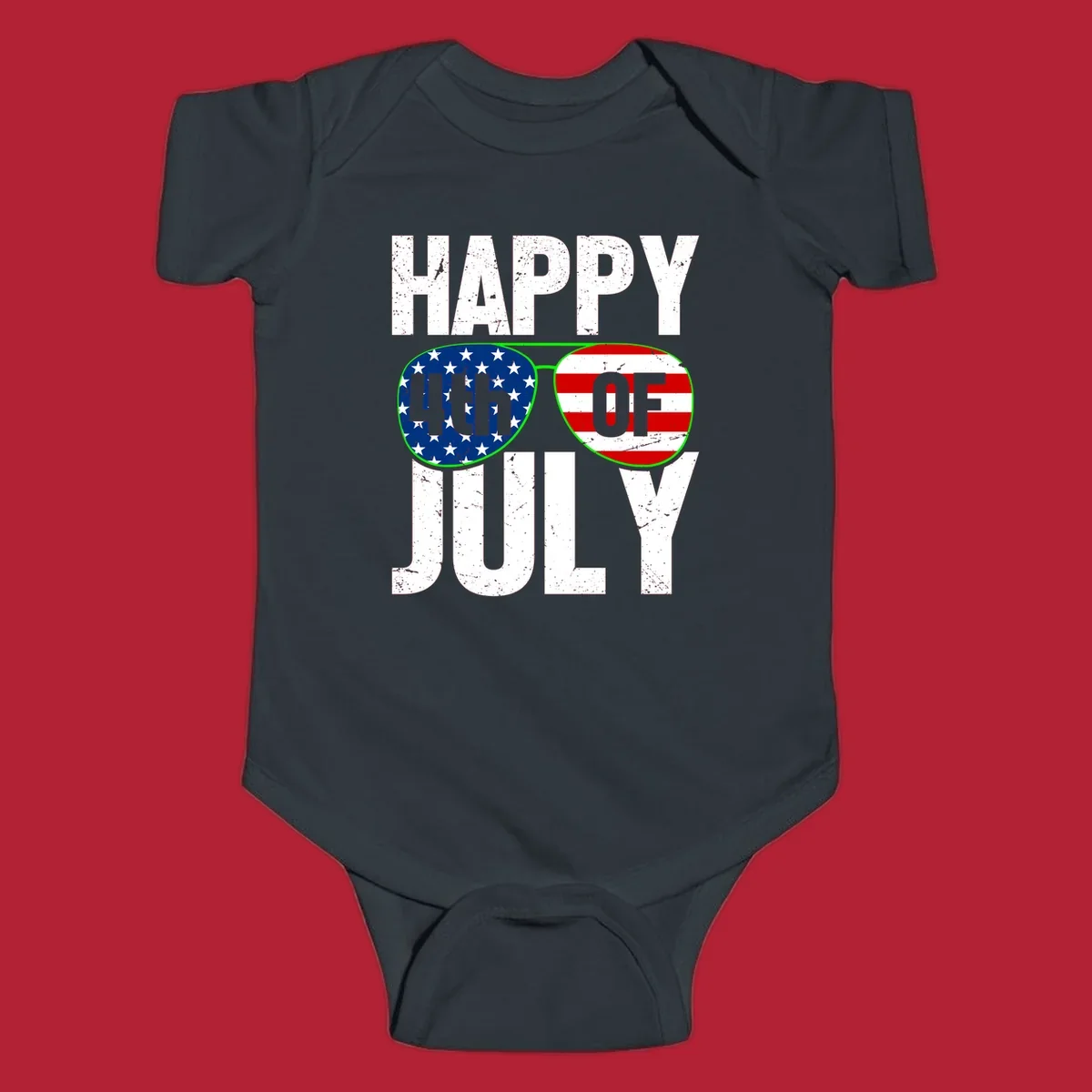 Happy Fourth of July sunglasses flag design with distressed white text and flag patterns in the lenses.