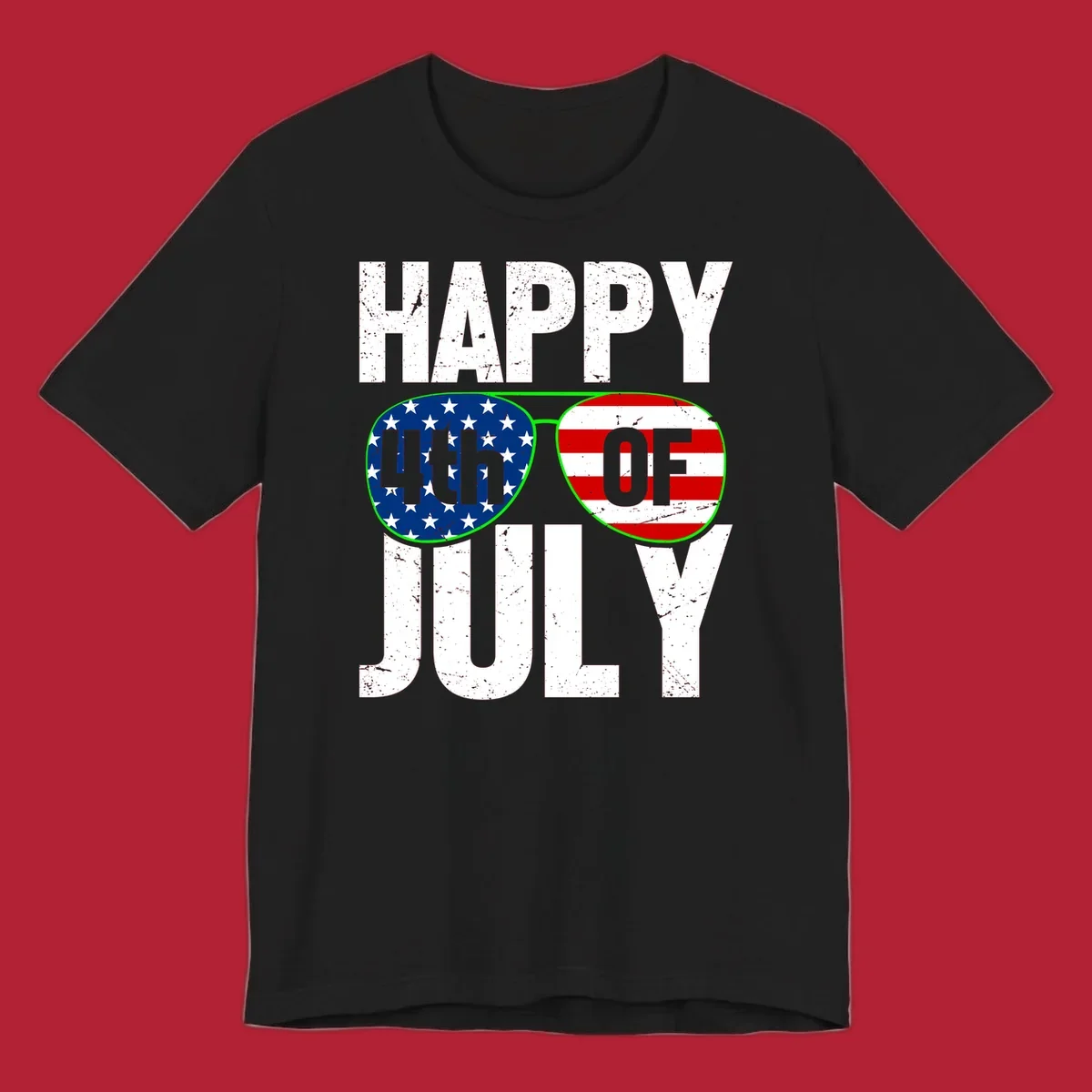 Happy Fourth of July sunglasses flag design with distressed white text and flag patterns in the lenses.