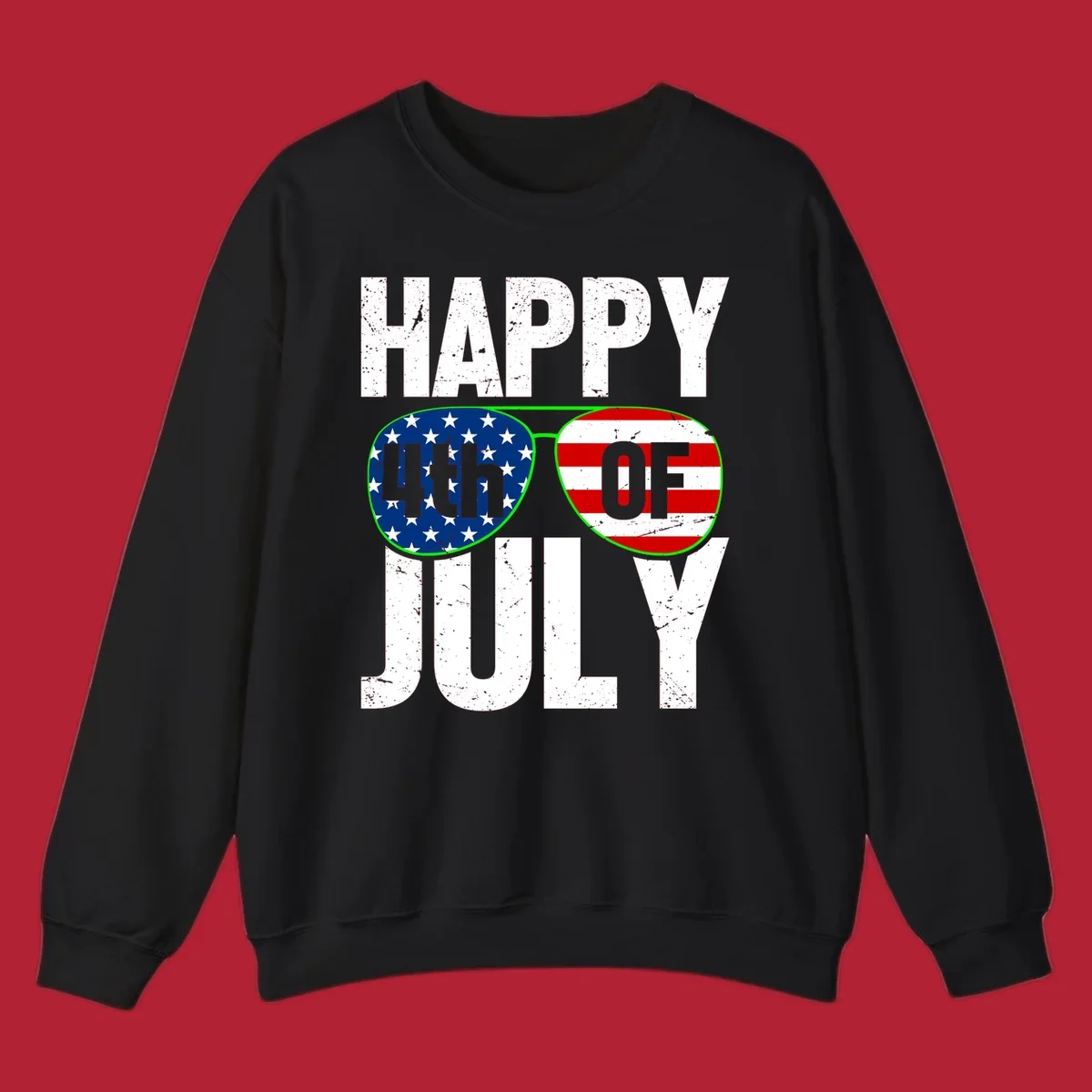 Happy Fourth of July sunglasses flag design with distressed white text and flag patterns in the lenses.