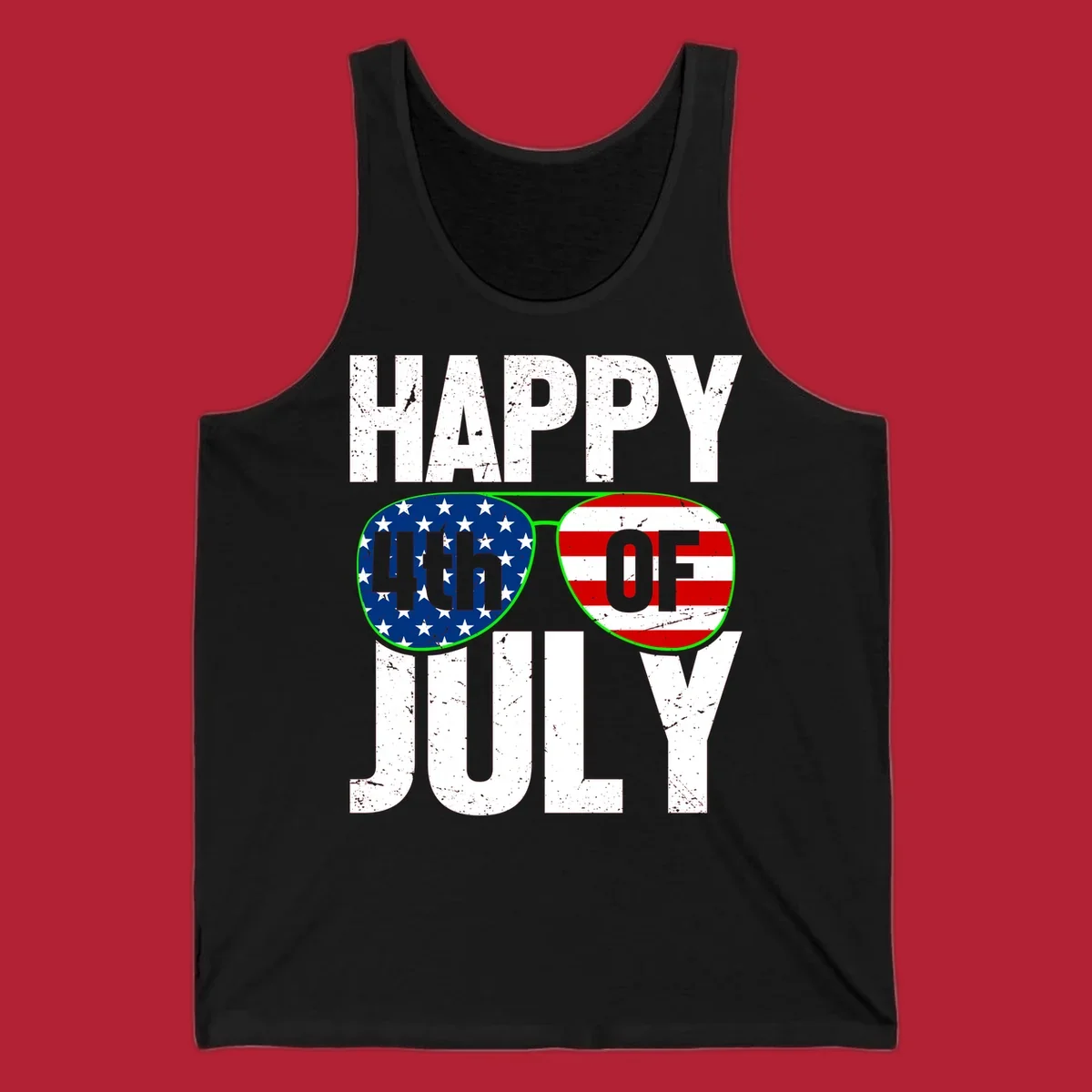 Happy Fourth of July sunglasses flag design with distressed white text and flag patterns in the lenses.
