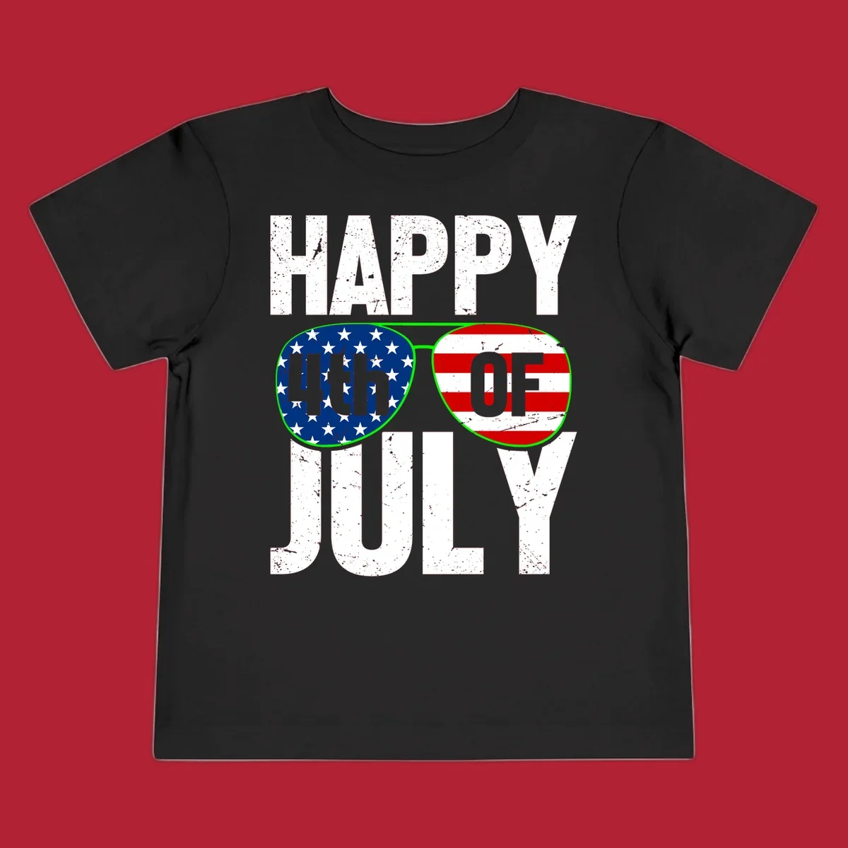 Happy Fourth of July sunglasses flag design with distressed white text and flag patterns in the lenses.