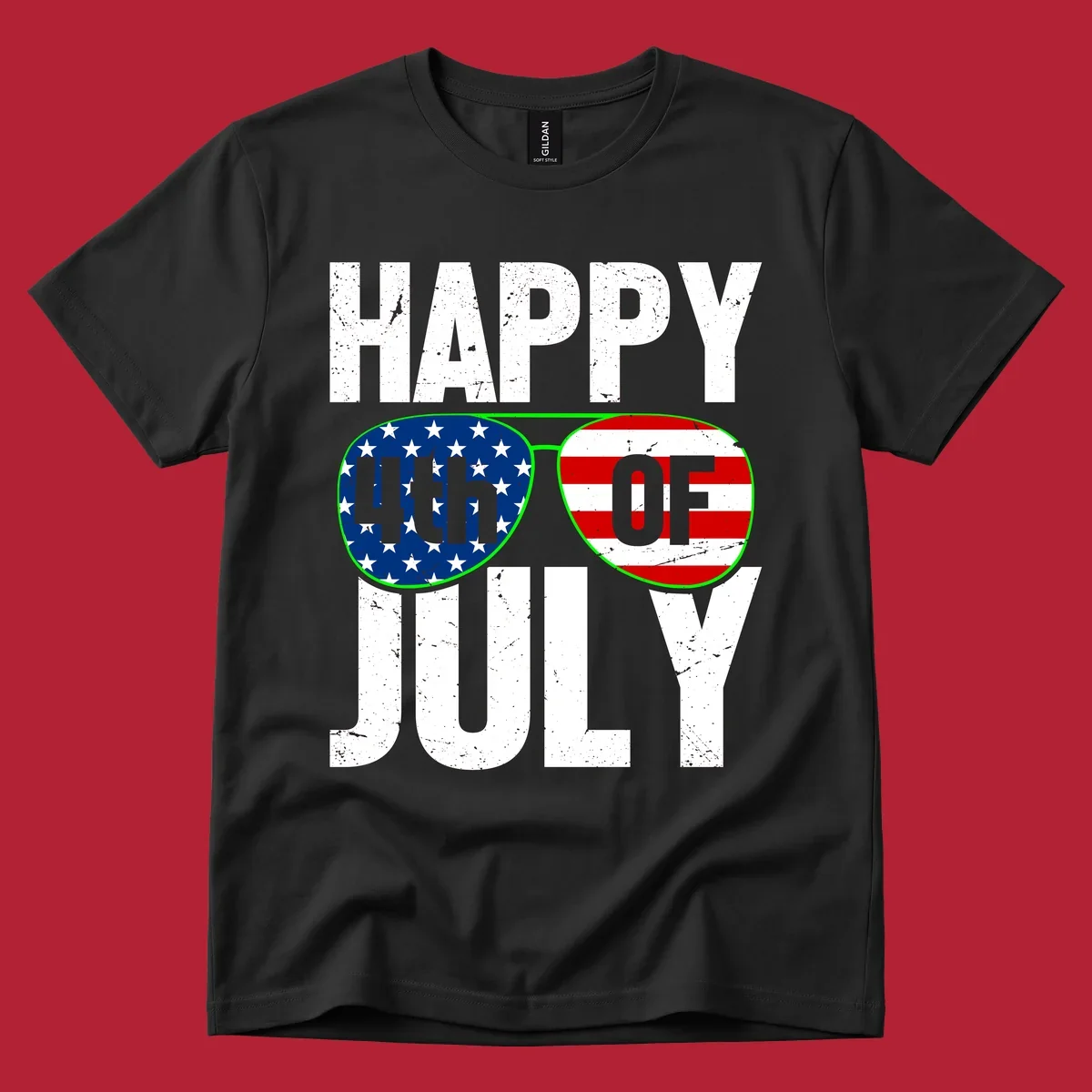 Happy Fourth of July sunglasses flag design with distressed white text and flag patterns in the lenses.