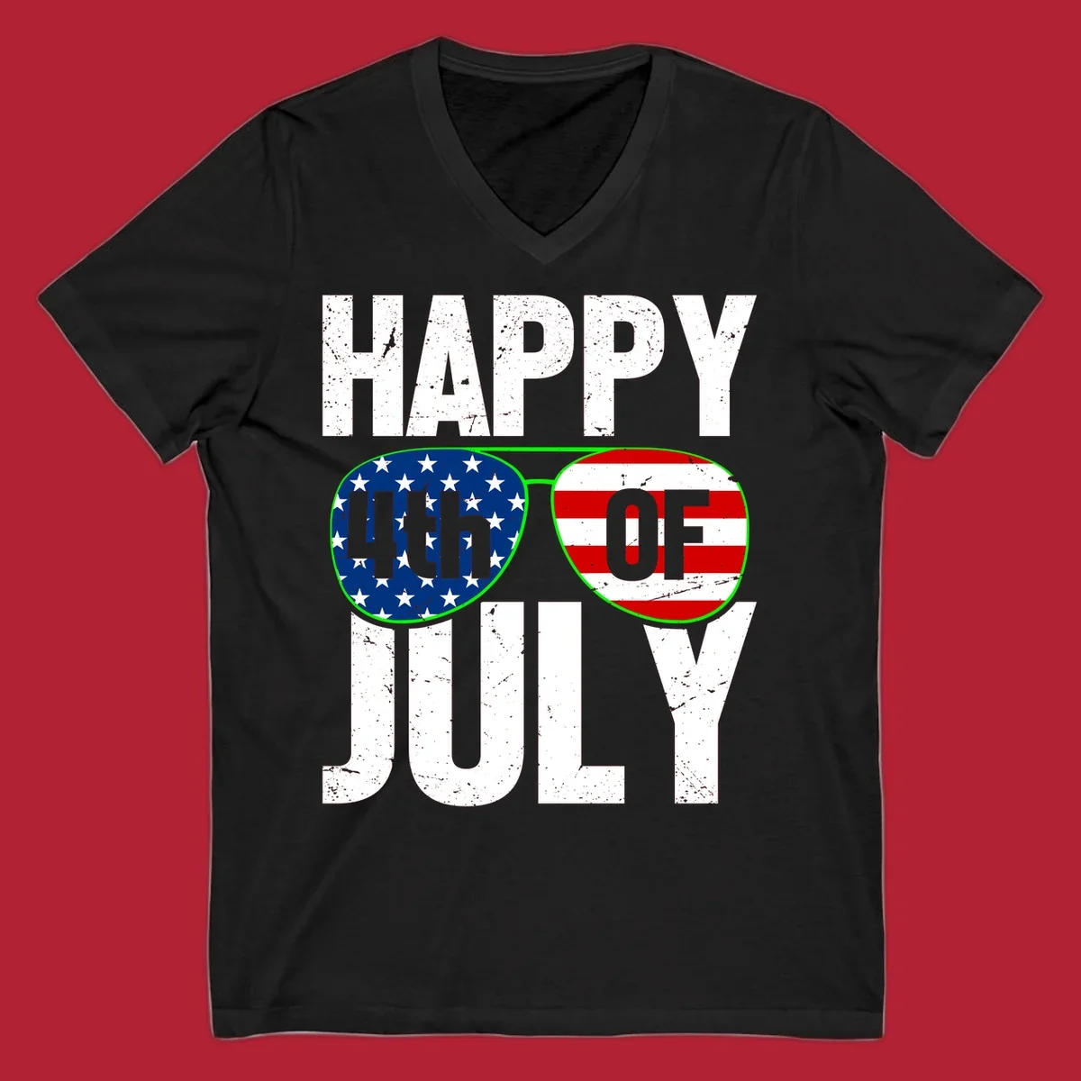 Happy Fourth of July sunglasses flag design with distressed white text and flag patterns in the lenses.