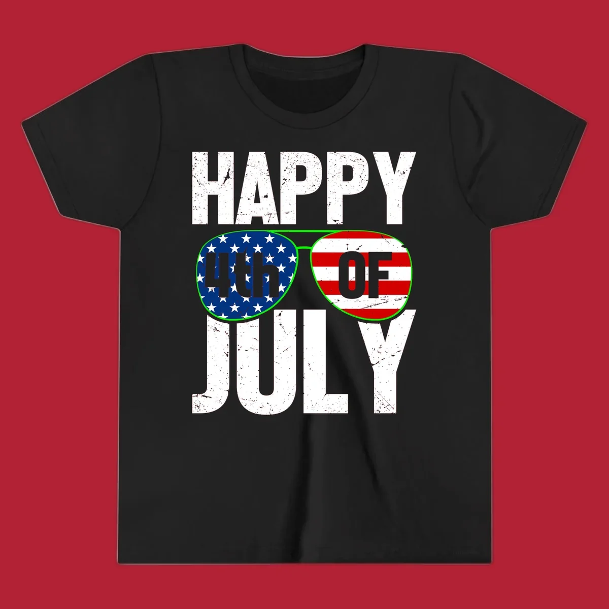 Happy Fourth of July sunglasses flag design with distressed white text and flag patterns in the lenses.