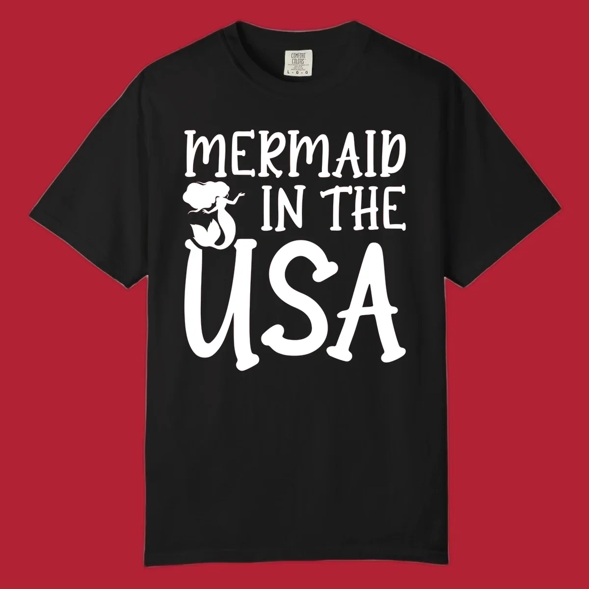 A white graphic features a mermaid illustration and the text 'MERMAID IN THE USA' for a patriotic mermaid design.