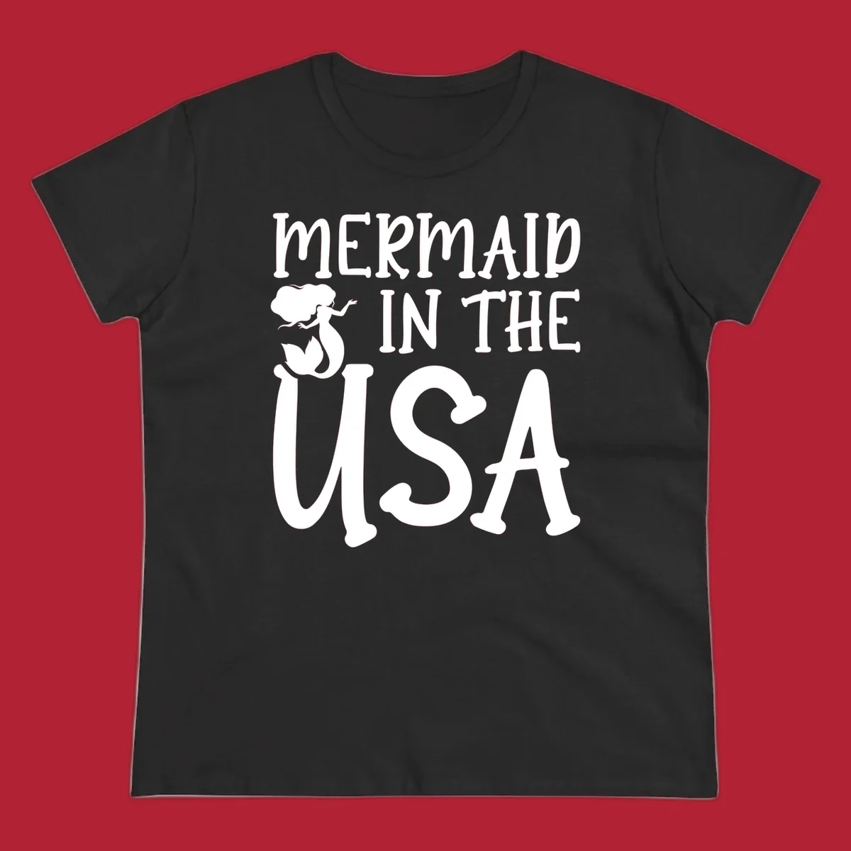 A white graphic features a mermaid illustration and the text 'MERMAID IN THE USA' for a patriotic mermaid design.