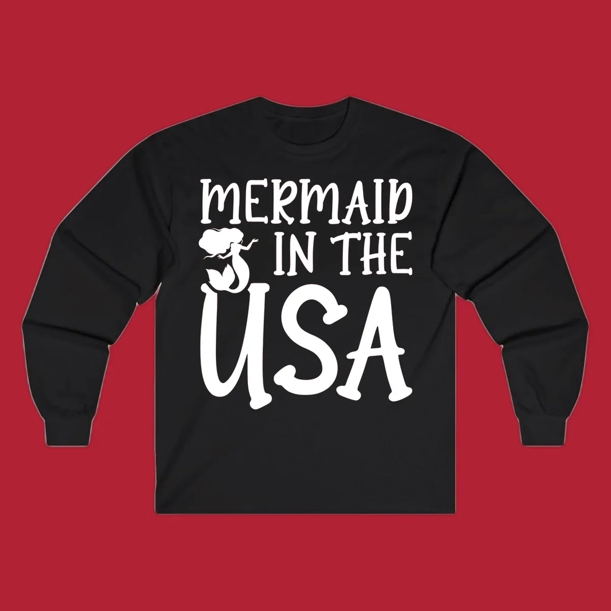 A white graphic features a mermaid illustration and the text 'MERMAID IN THE USA' for a patriotic mermaid design.