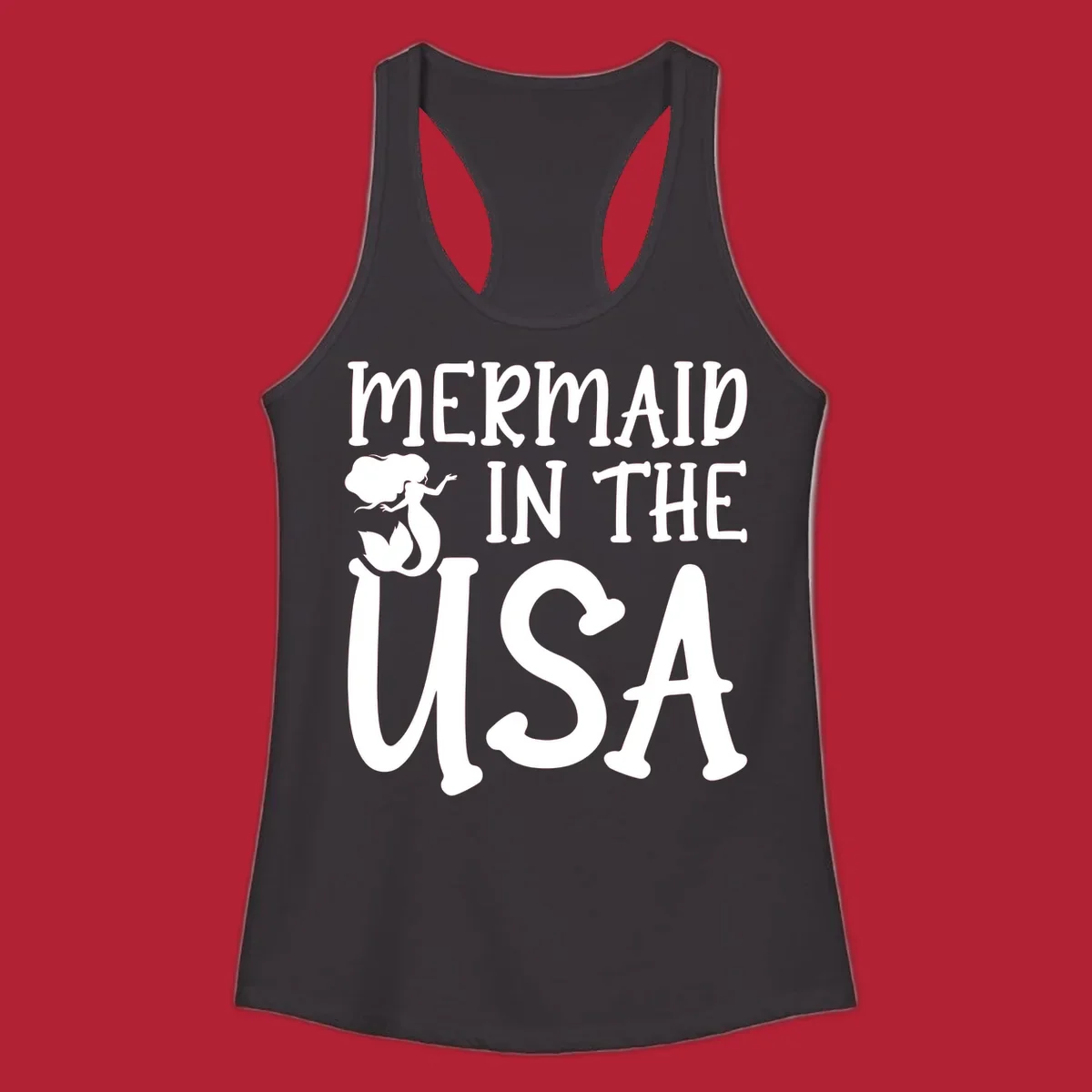 A white graphic features a mermaid illustration and the text 'MERMAID IN THE USA' for a patriotic mermaid design.