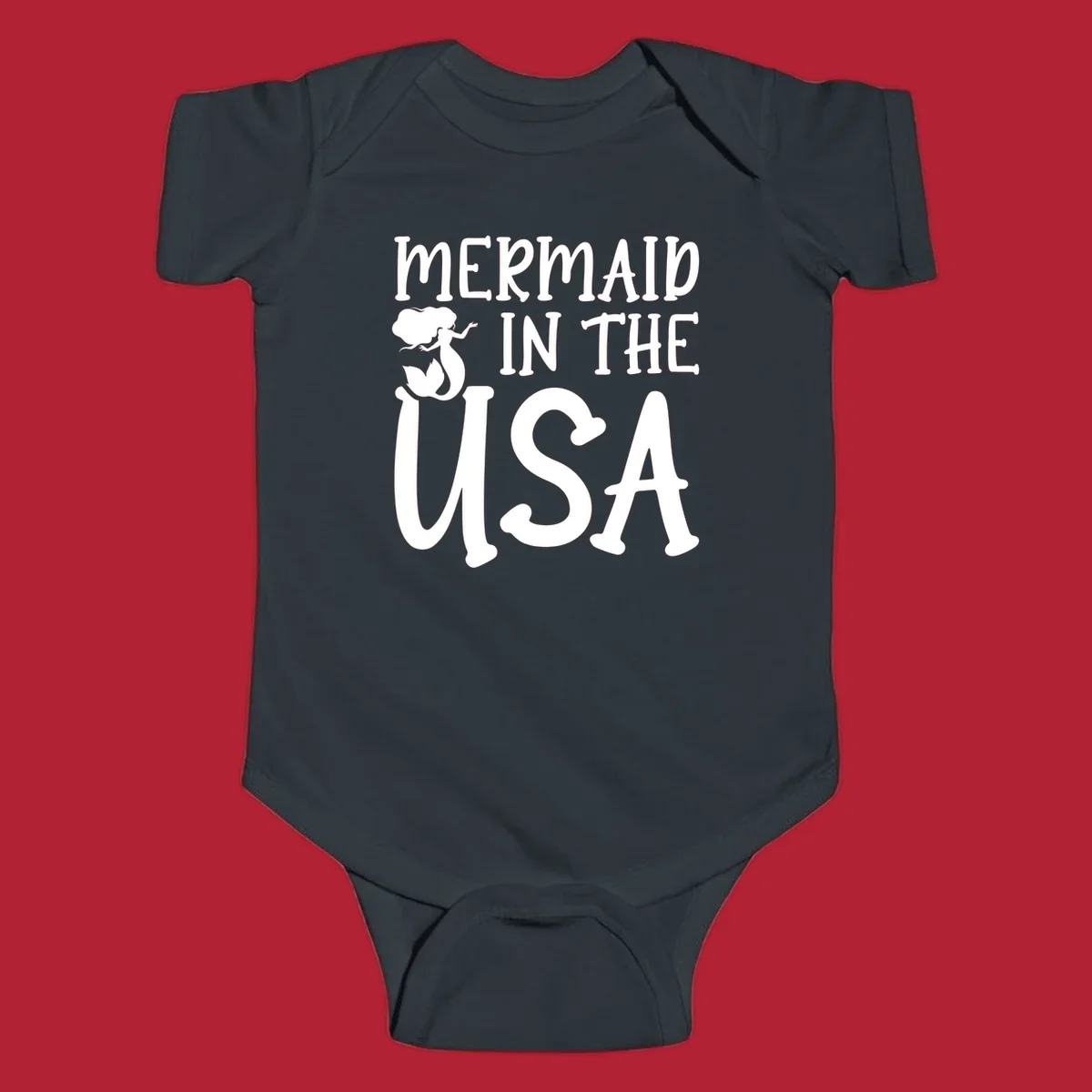 A white graphic features a mermaid illustration and the text 'MERMAID IN THE USA' for a patriotic mermaid design.