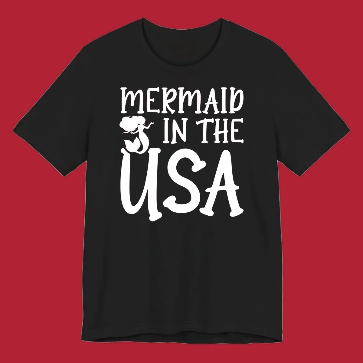 A white graphic features a mermaid illustration and the text 'MERMAID IN THE USA' for a patriotic mermaid design.