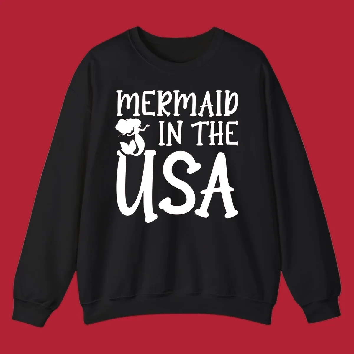 A white graphic features a mermaid illustration and the text 'MERMAID IN THE USA' for a patriotic mermaid design.