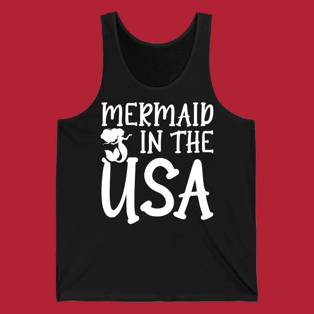 A white graphic features a mermaid illustration and the text 'MERMAID IN THE USA' for a patriotic mermaid design.