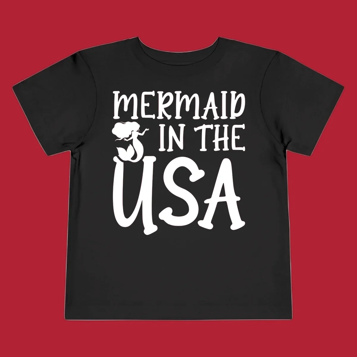 A white graphic features a mermaid illustration and the text 'MERMAID IN THE USA' for a patriotic mermaid design.