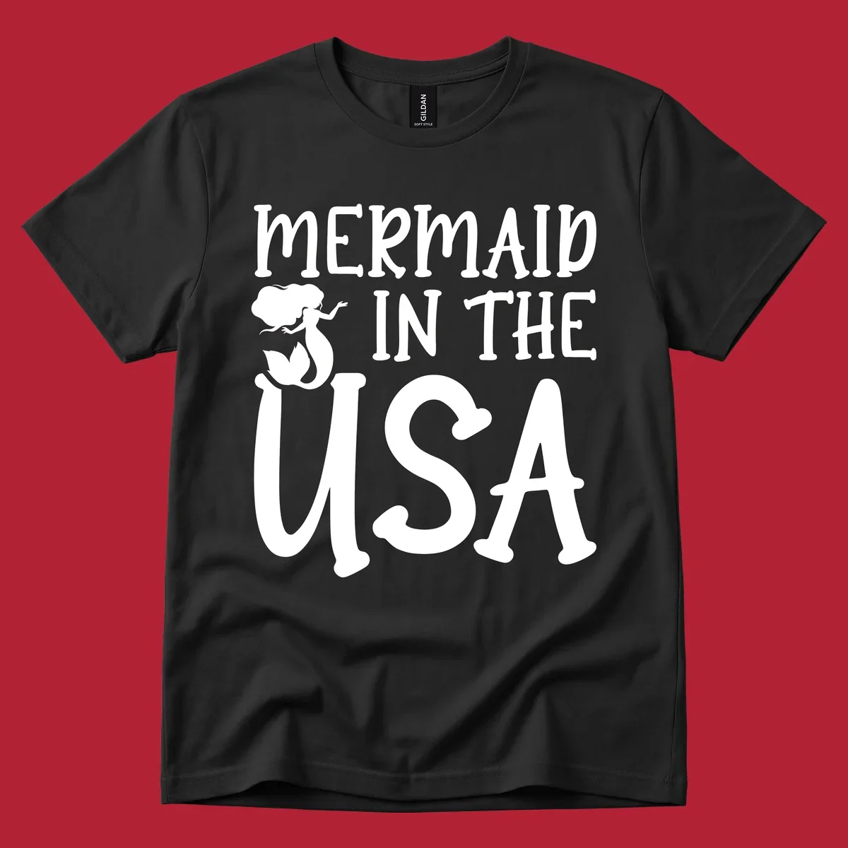 A white graphic features a mermaid illustration and the text 'MERMAID IN THE USA' for a patriotic mermaid design.