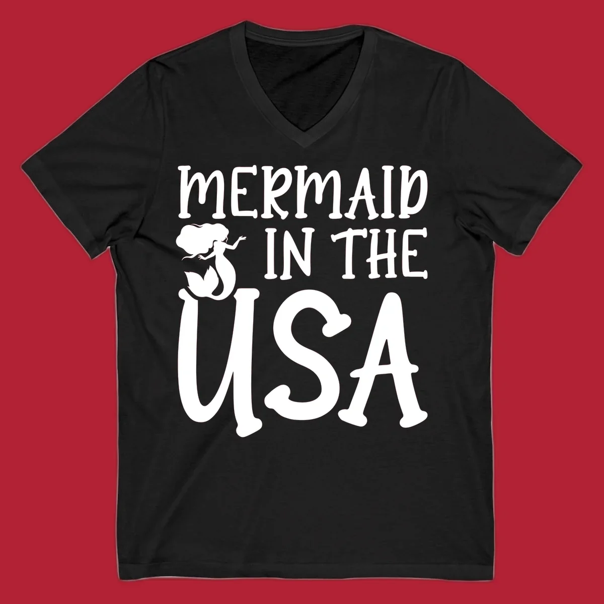 A white graphic features a mermaid illustration and the text 'MERMAID IN THE USA' for a patriotic mermaid design.
