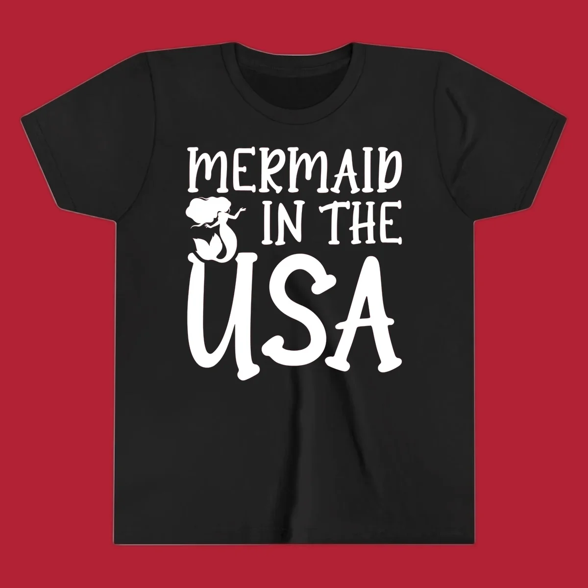 A white graphic features a mermaid illustration and the text 'MERMAID IN THE USA' for a patriotic mermaid design.