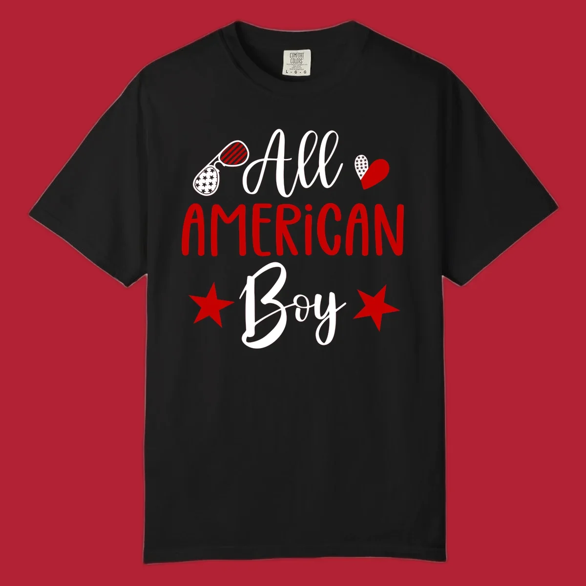 An 'All American Boy' design with patriotic sunglasses, a heart, and stars in red, white, and black.