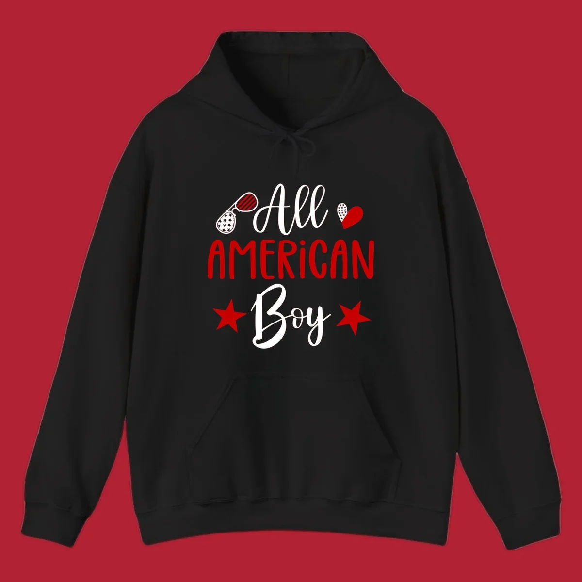 An 'All American Boy' design with patriotic sunglasses, a heart, and stars in red, white, and black.