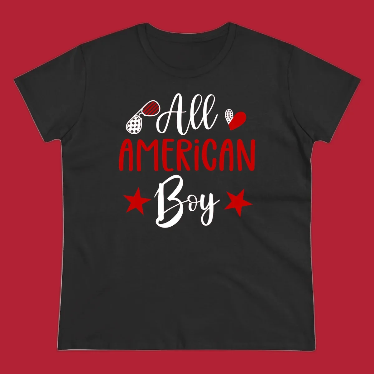An 'All American Boy' design with patriotic sunglasses, a heart, and stars in red, white, and black.