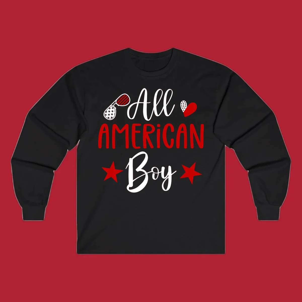 An 'All American Boy' design with patriotic sunglasses, a heart, and stars in red, white, and black.