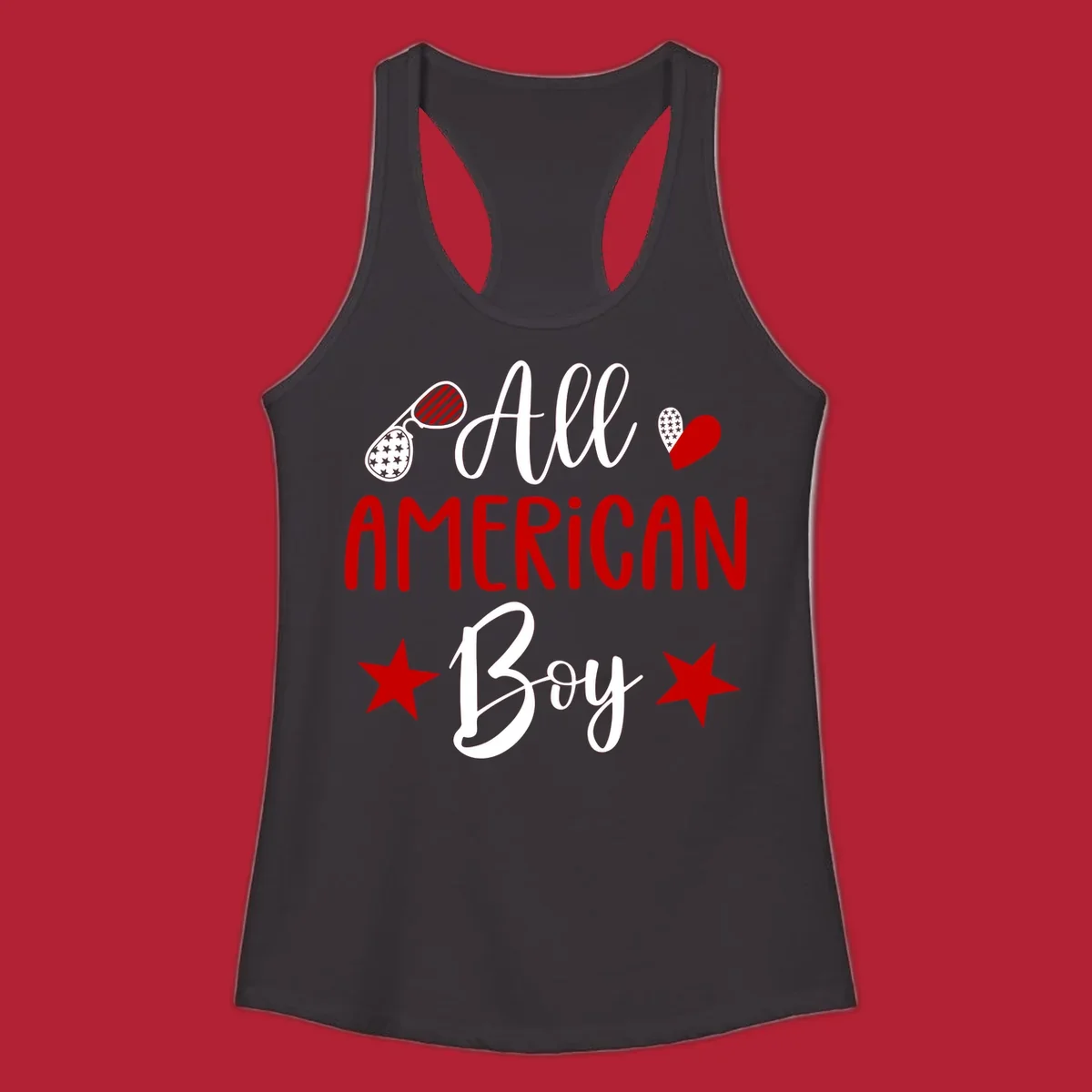 An 'All American Boy' design with patriotic sunglasses, a heart, and stars in red, white, and black.