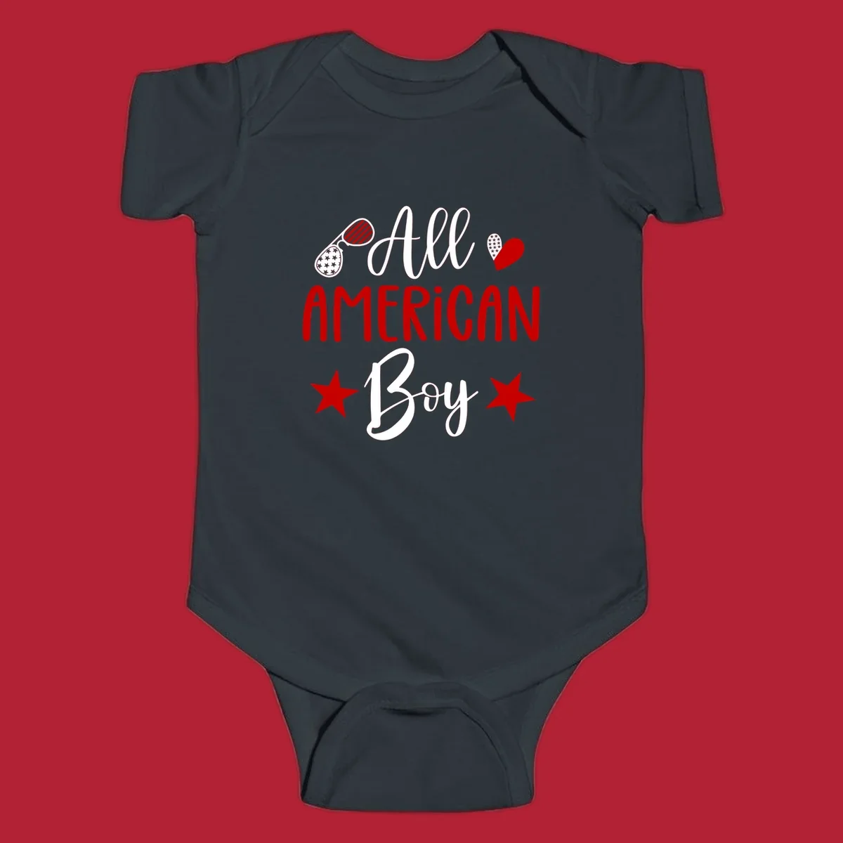 An 'All American Boy' design with patriotic sunglasses, a heart, and stars in red, white, and black.