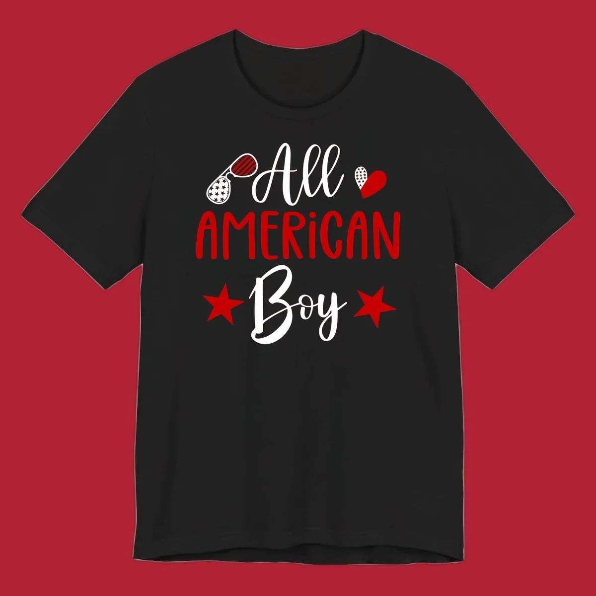 An 'All American Boy' design with patriotic sunglasses, a heart, and stars in red, white, and black.