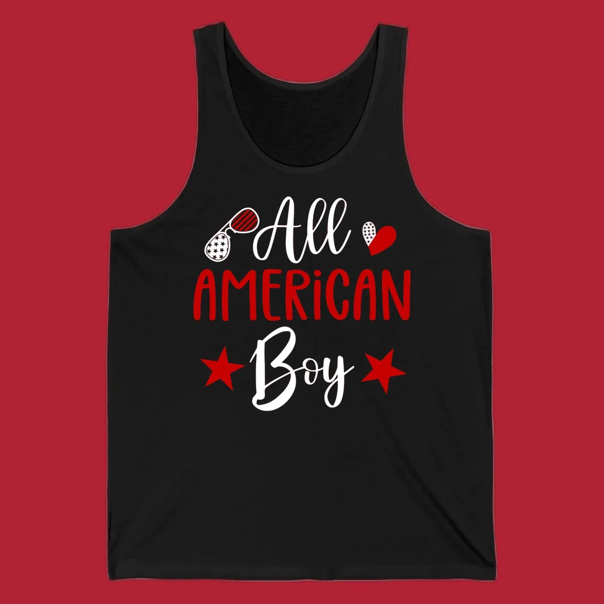 An 'All American Boy' design with patriotic sunglasses, a heart, and stars in red, white, and black.