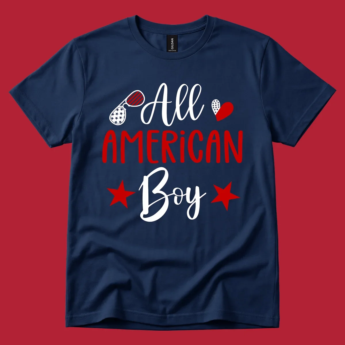 An 'All American Boy' design with patriotic sunglasses, a heart, and stars in red, white, and black.