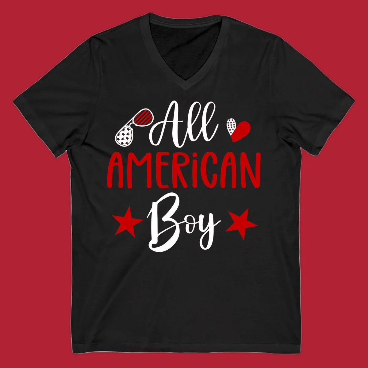 An 'All American Boy' design with patriotic sunglasses, a heart, and stars in red, white, and black.
