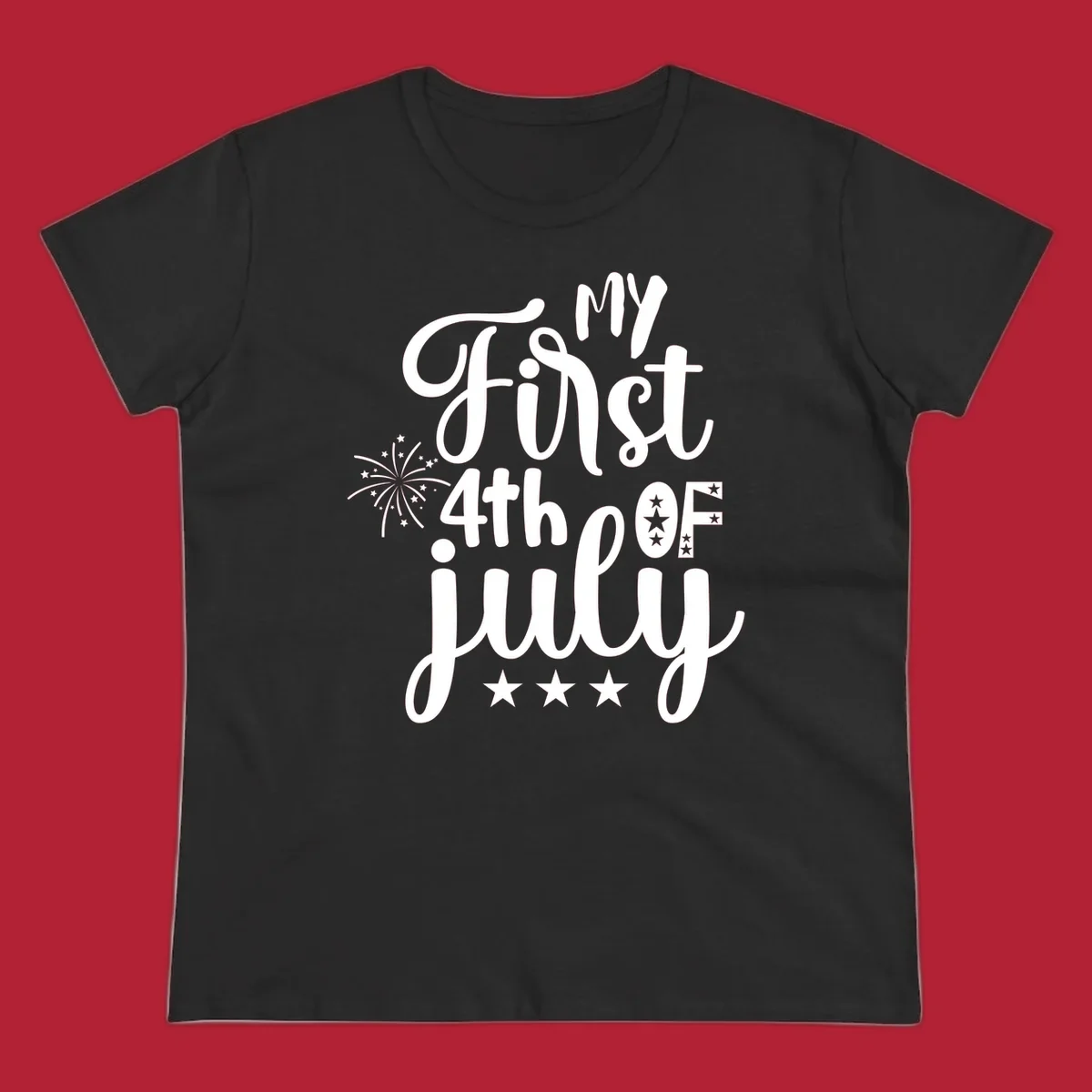 A design featuring the text 'MY First 4th OF July' in a mix of script and bold fonts, with fireworks and stars, ideal for my-first-fourth-of-july.