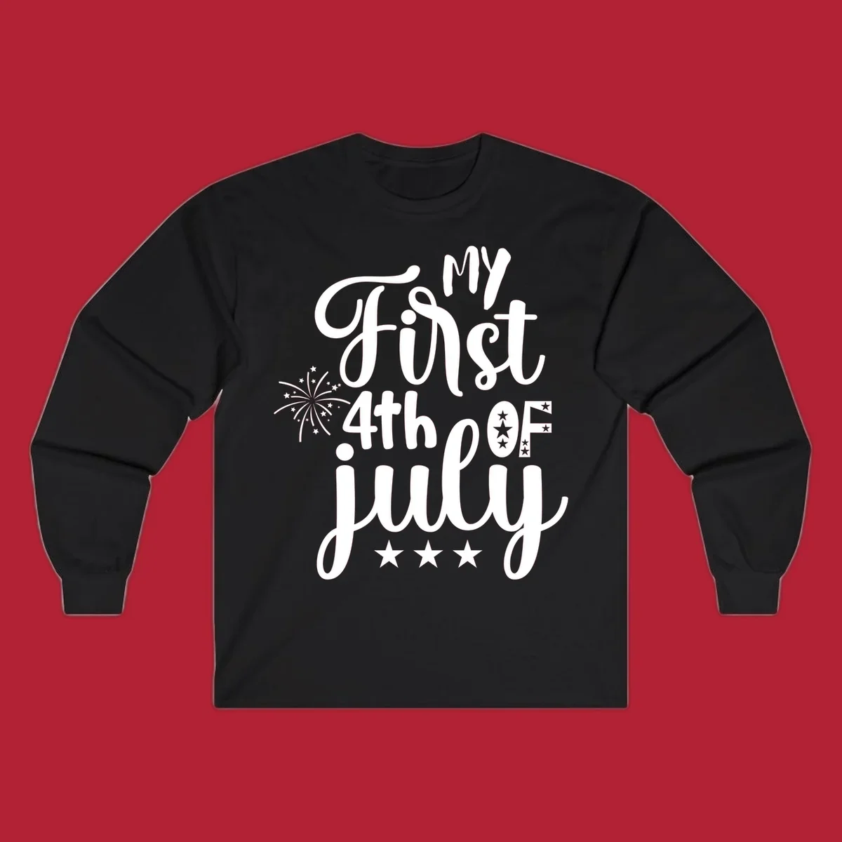 A design featuring the text 'MY First 4th OF July' in a mix of script and bold fonts, with fireworks and stars, ideal for my-first-fourth-of-july.