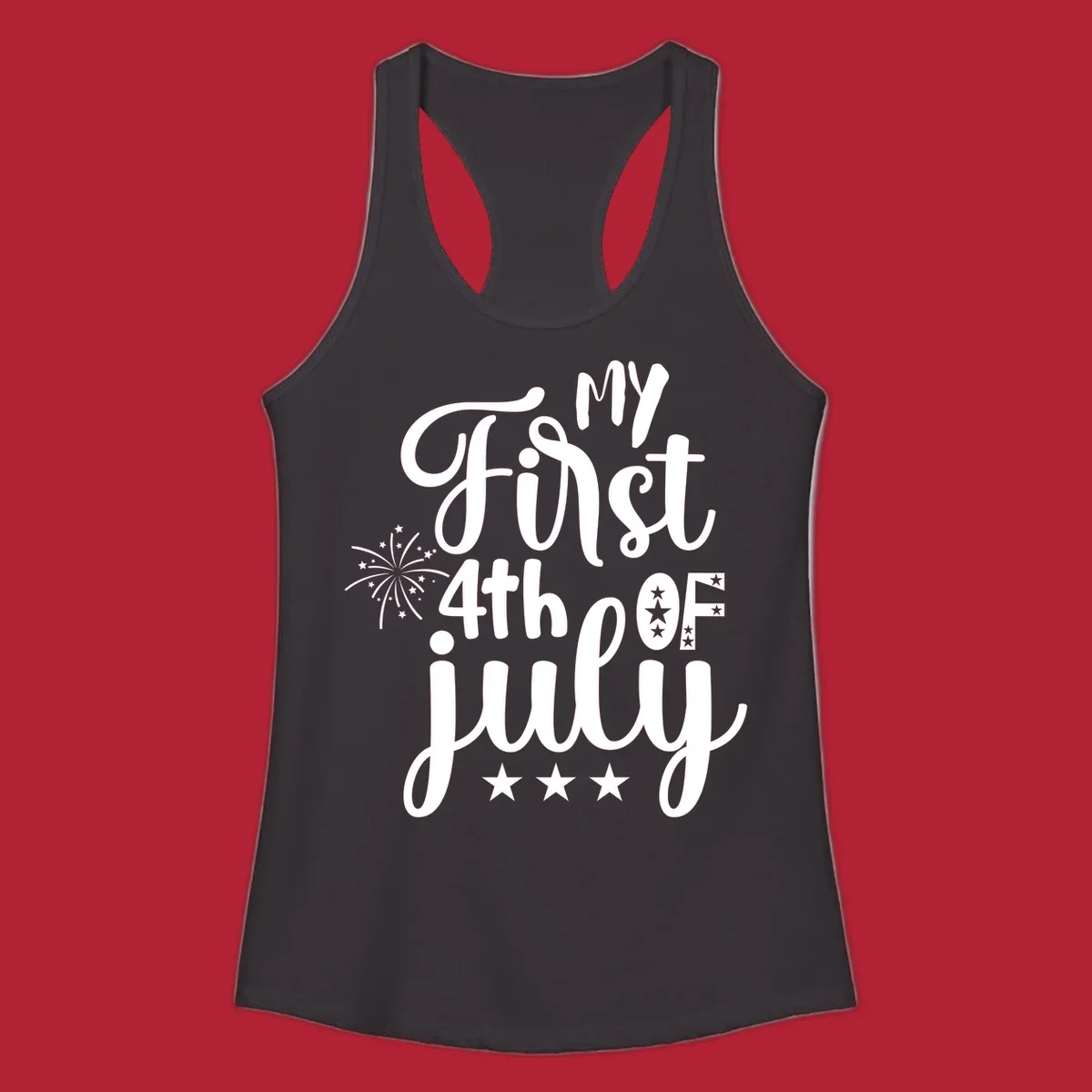 A design featuring the text 'MY First 4th OF July' in a mix of script and bold fonts, with fireworks and stars, ideal for my-first-fourth-of-july.