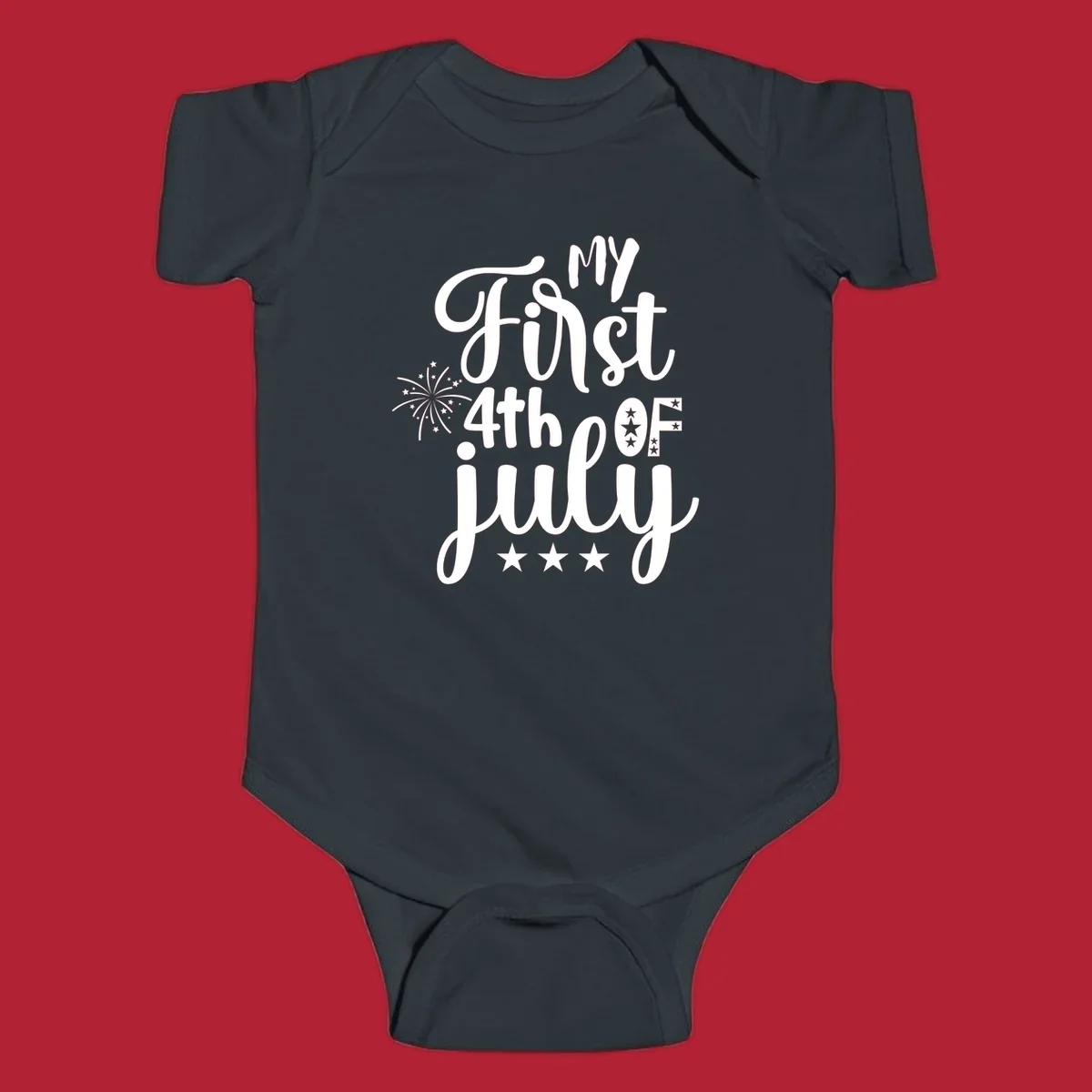 A design featuring the text 'MY First 4th OF July' in a mix of script and bold fonts, with fireworks and stars, ideal for my-first-fourth-of-july.