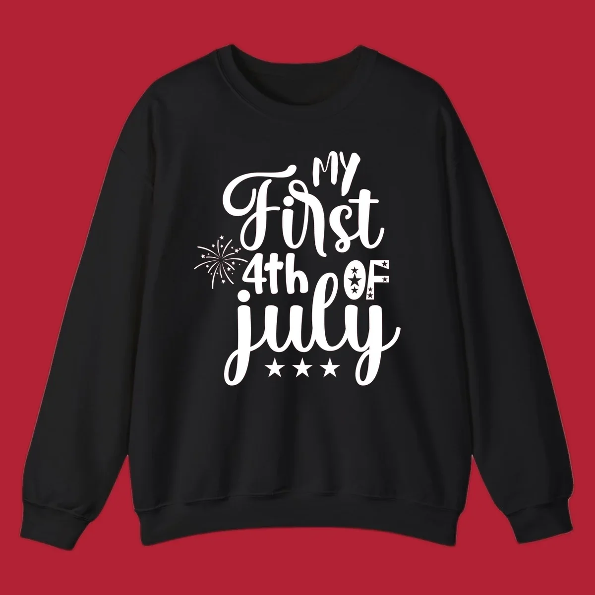 A design featuring the text 'MY First 4th OF July' in a mix of script and bold fonts, with fireworks and stars, ideal for my-first-fourth-of-july.