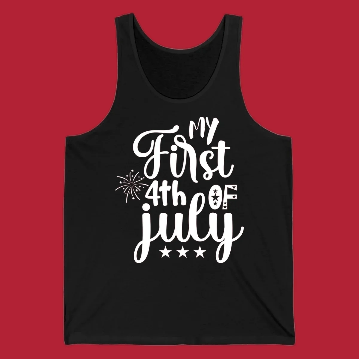 A design featuring the text 'MY First 4th OF July' in a mix of script and bold fonts, with fireworks and stars, ideal for my-first-fourth-of-july.