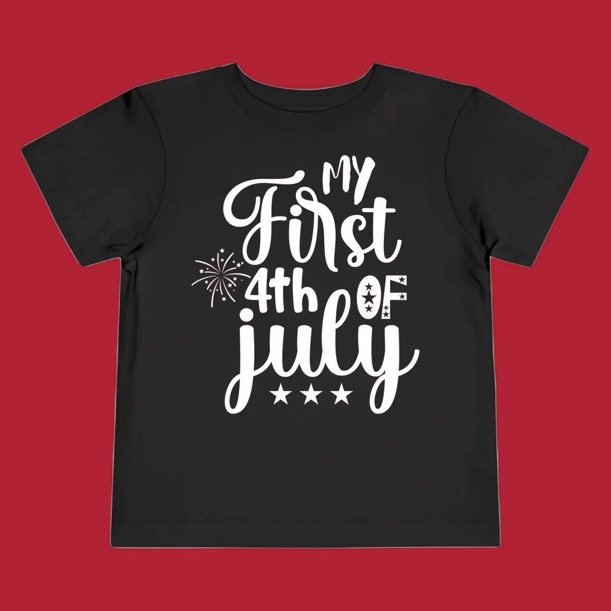 A design featuring the text 'MY First 4th OF July' in a mix of script and bold fonts, with fireworks and stars, ideal for my-first-fourth-of-july.