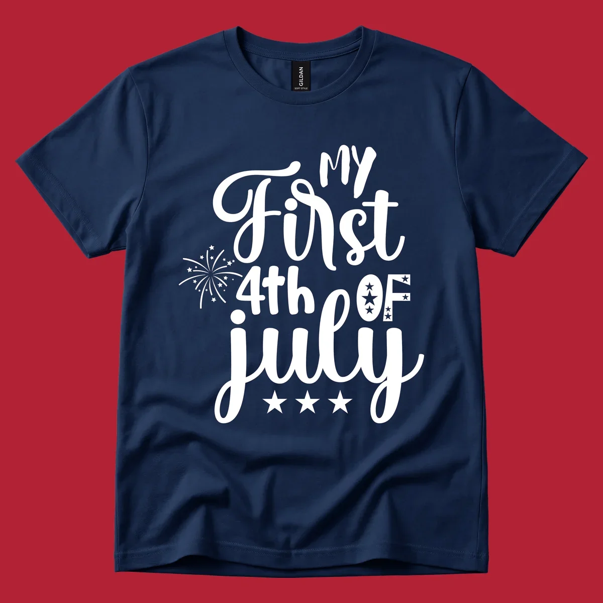 A design featuring the text 'MY First 4th OF July' in a mix of script and bold fonts, with fireworks and stars, ideal for my-first-fourth-of-july.