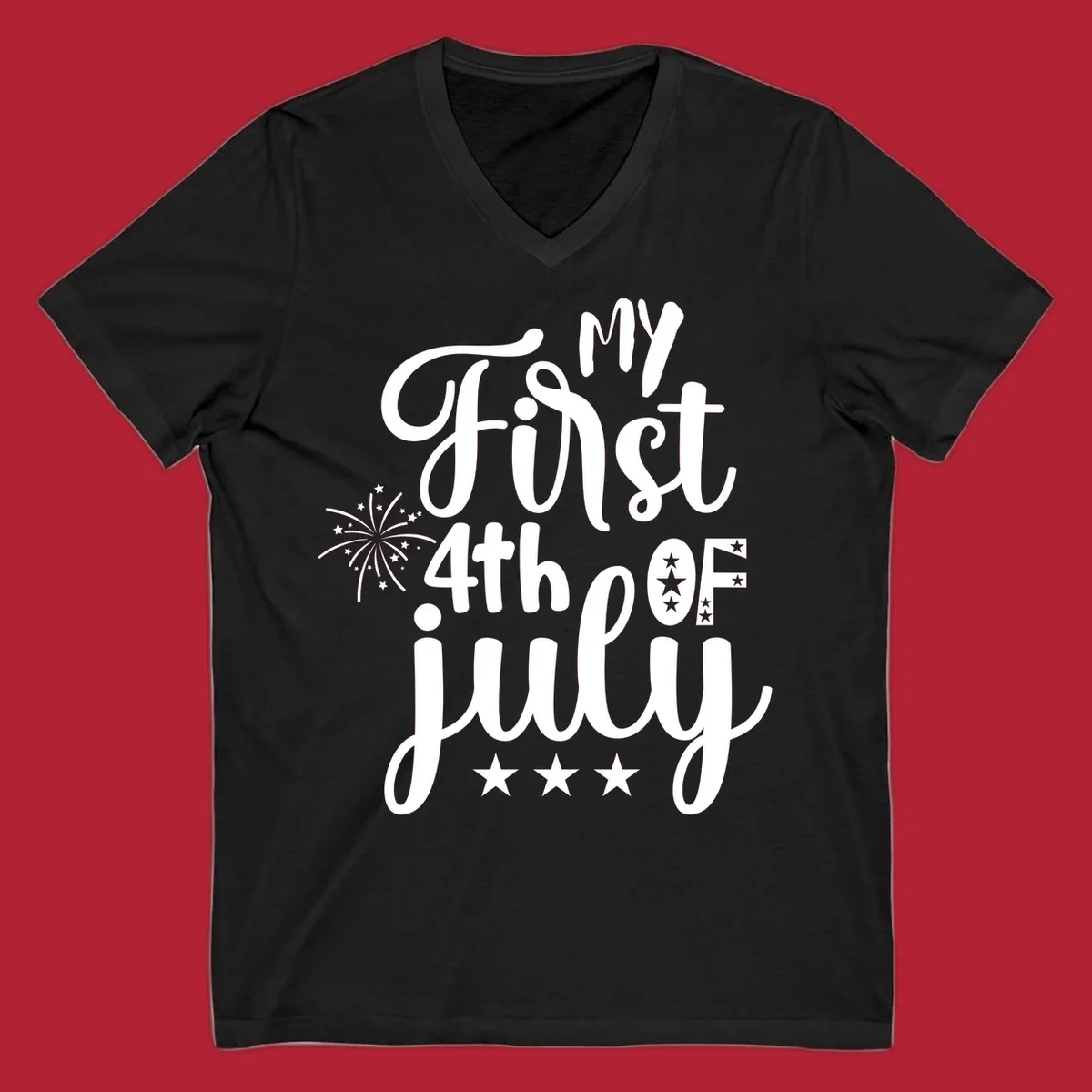 A design featuring the text 'MY First 4th OF July' in a mix of script and bold fonts, with fireworks and stars, ideal for my-first-fourth-of-july.